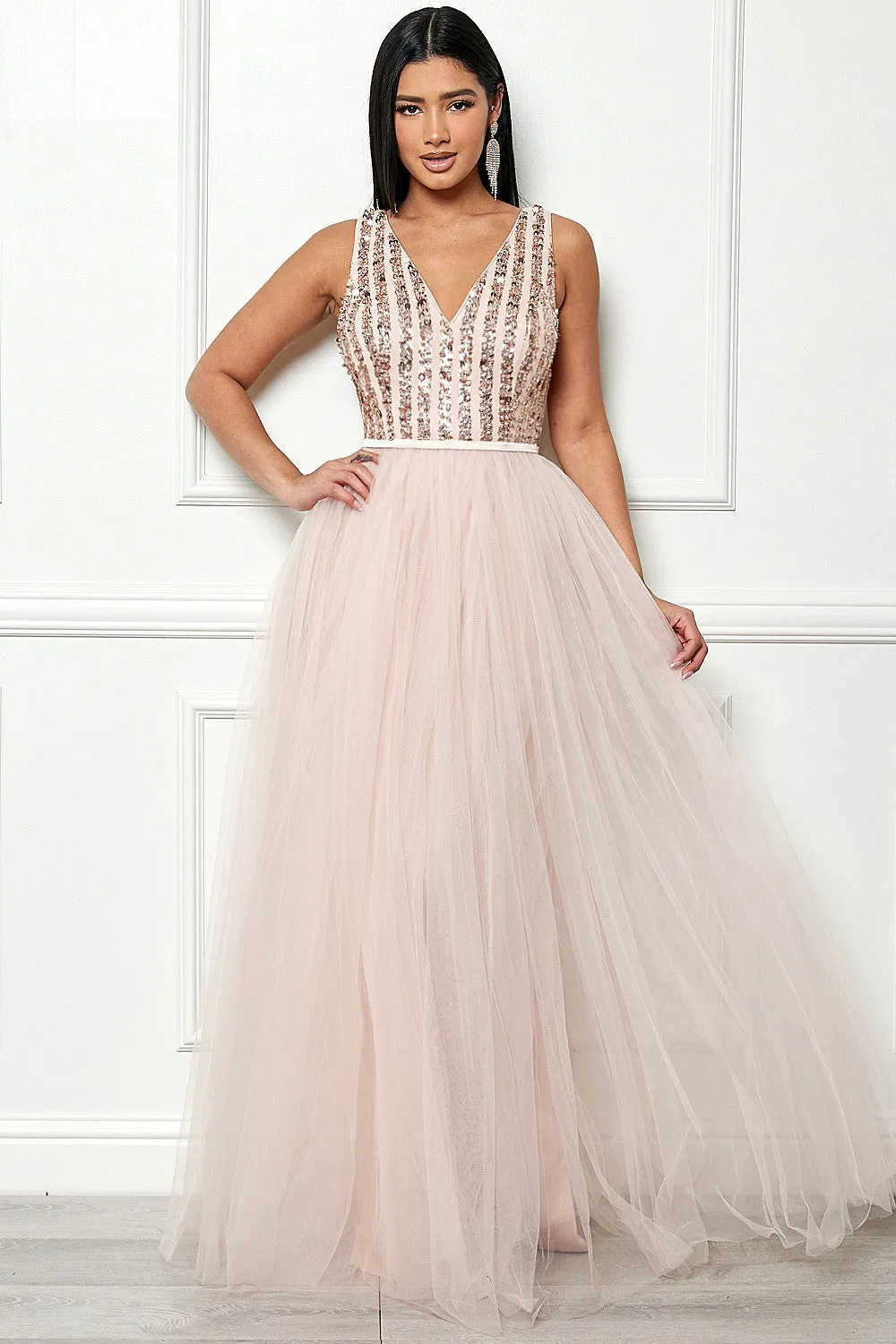 Rose Sleeveless Sequin Top Tulle Maxi Dress