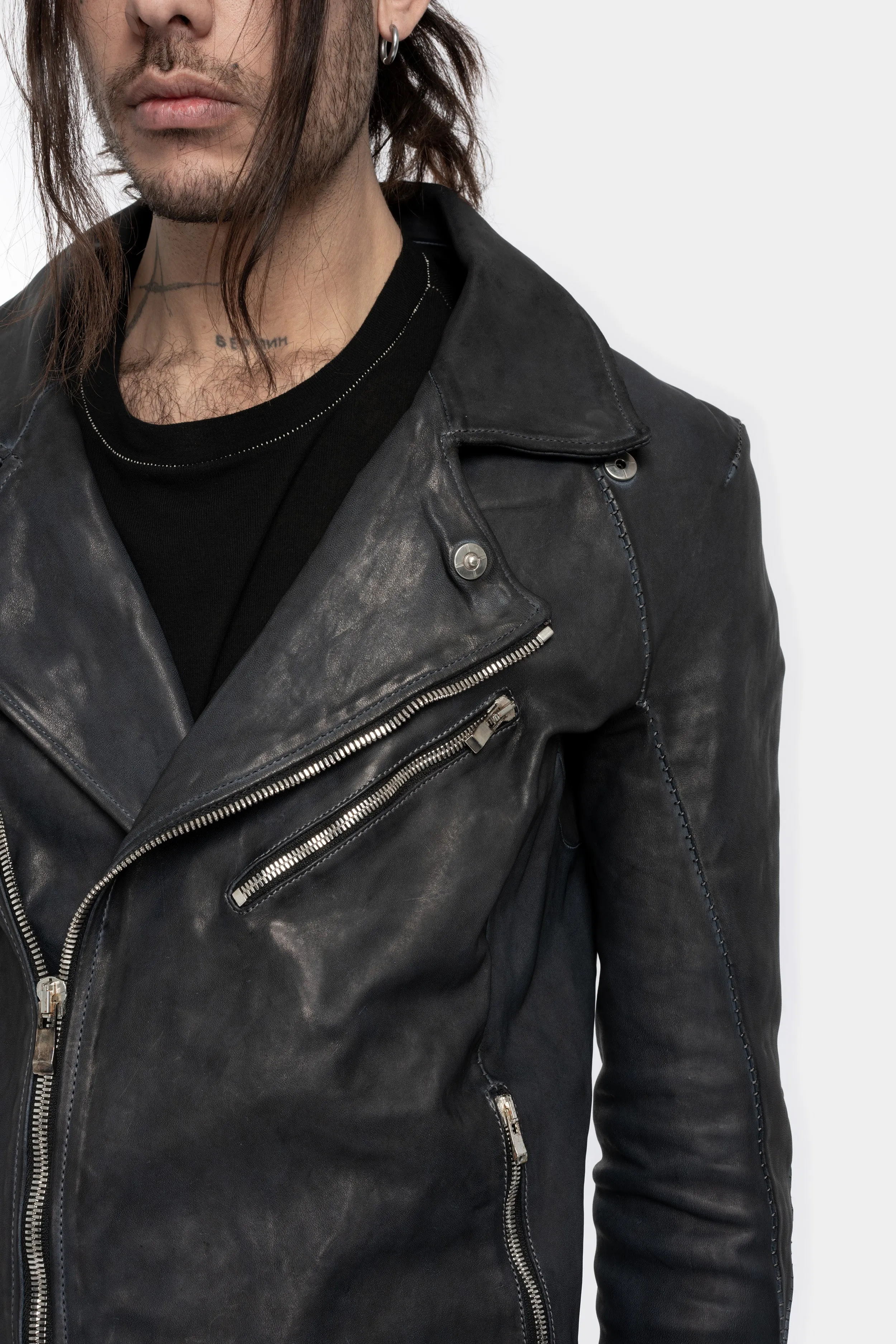 Scar stitch horse leather biker jacket, Overdyed Black