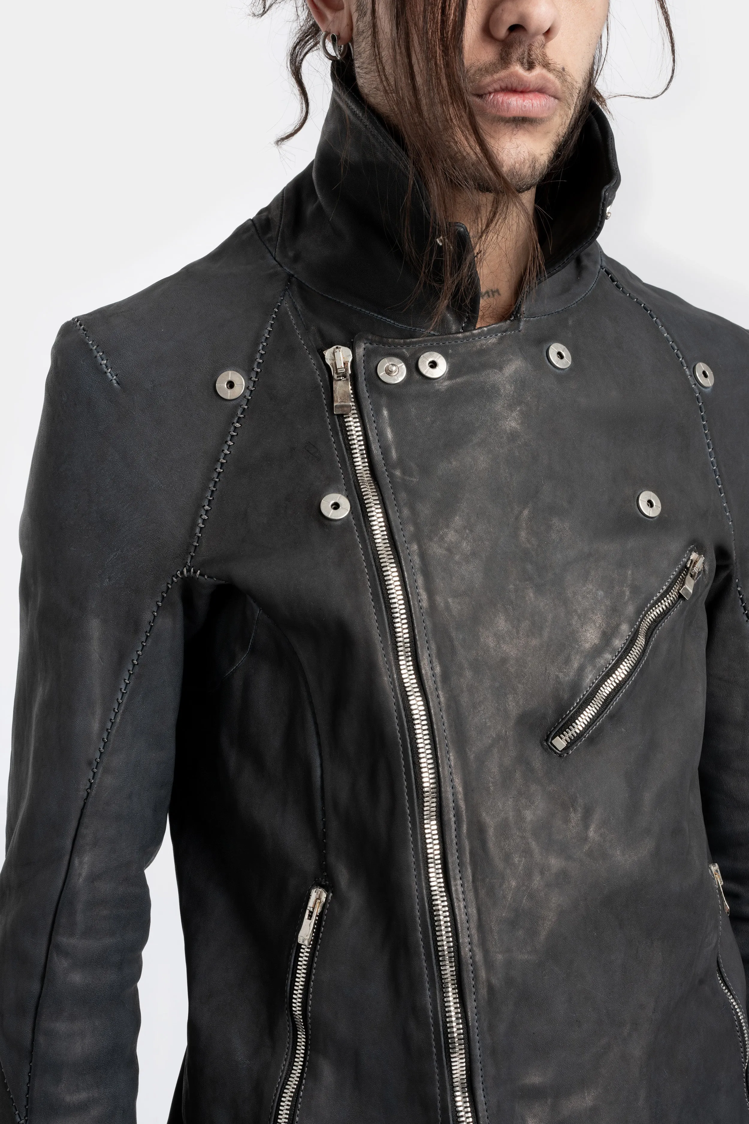 Scar stitch horse leather biker jacket, Overdyed Black