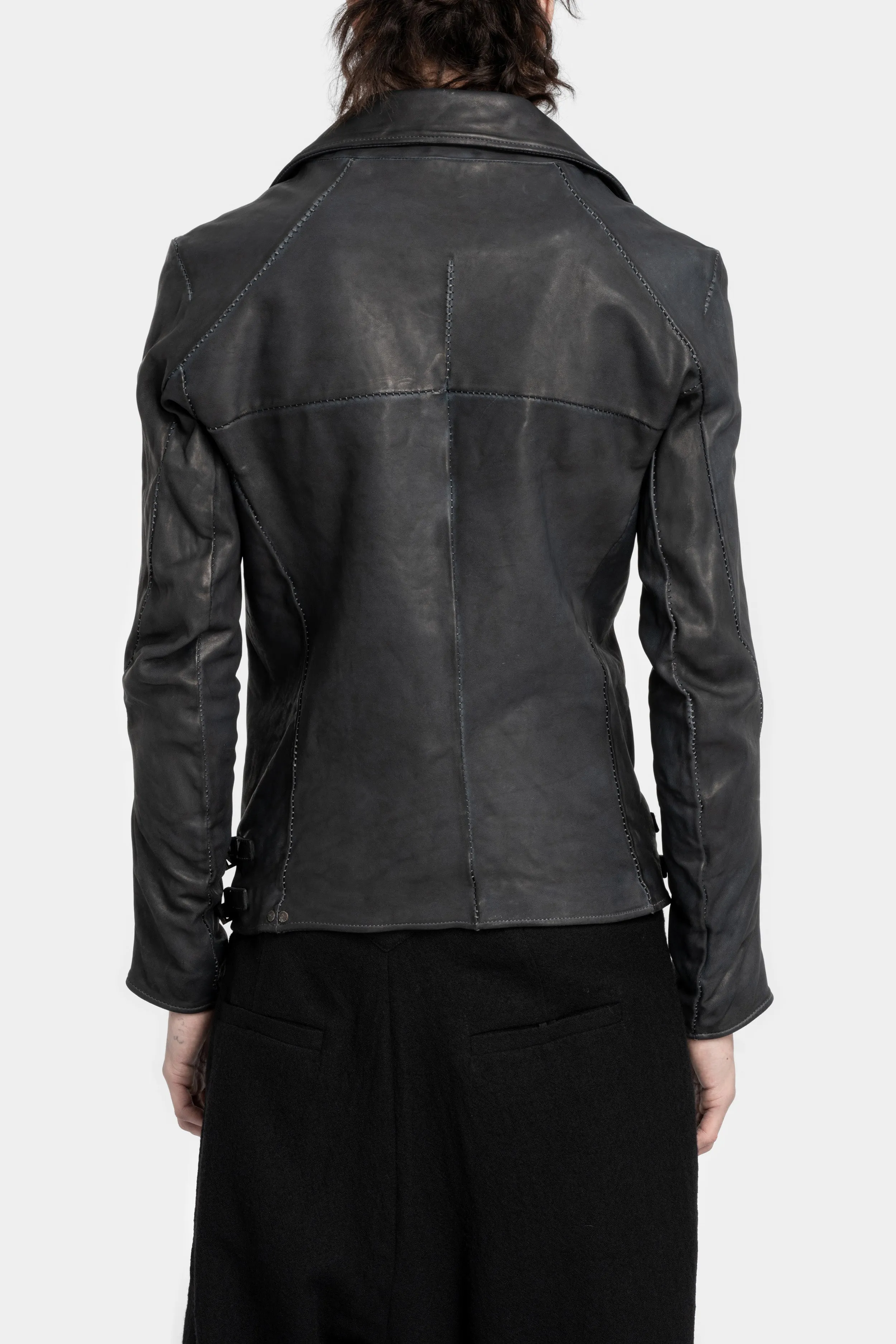 Scar stitch horse leather biker jacket, Overdyed Black