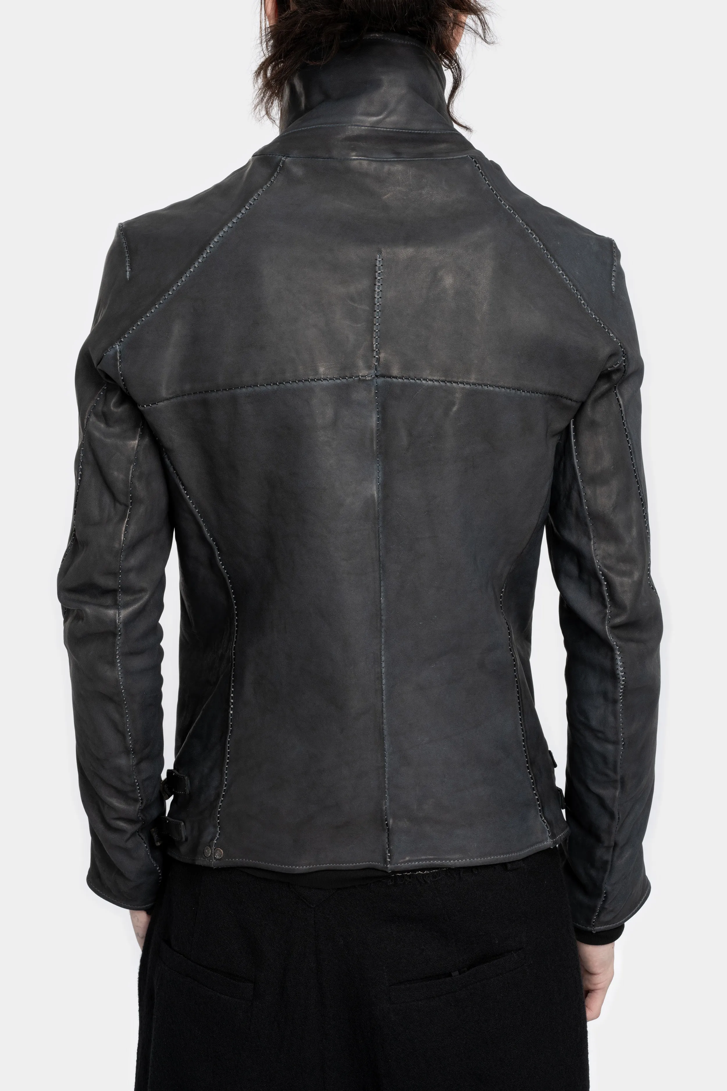 Scar stitch horse leather biker jacket, Overdyed Black