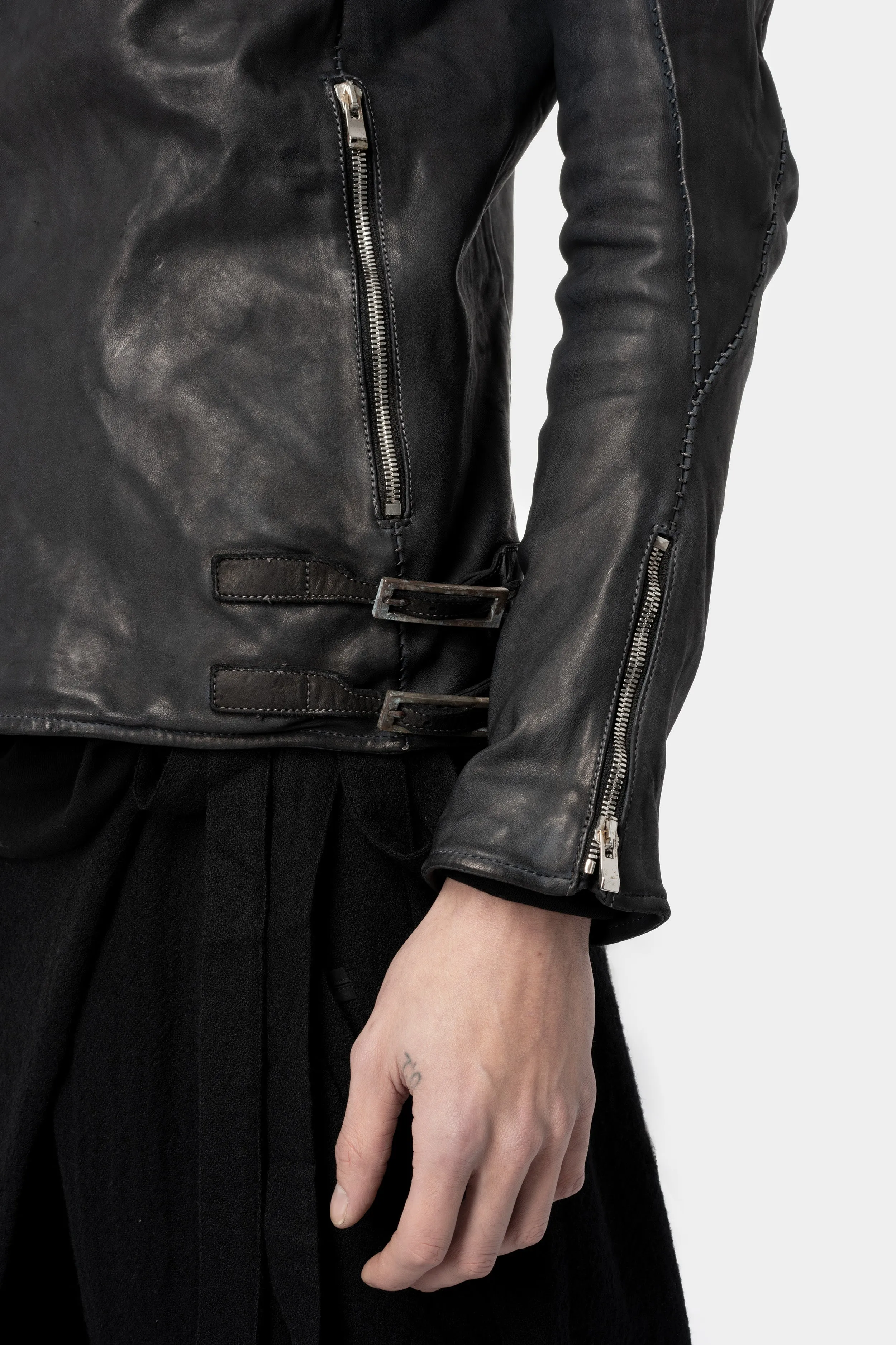 Scar stitch horse leather biker jacket, Overdyed Black