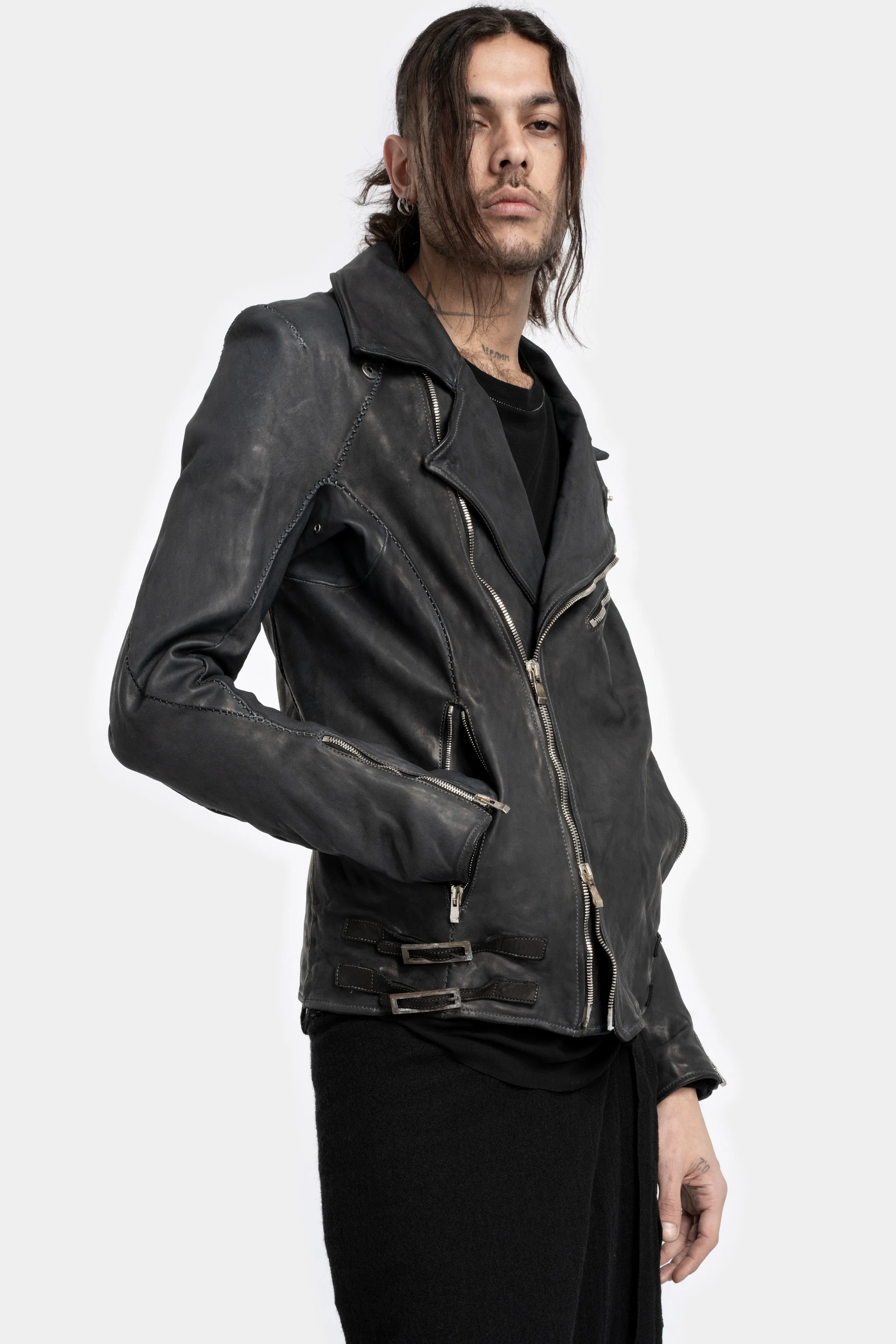 Scar stitch horse leather biker jacket, Overdyed Black