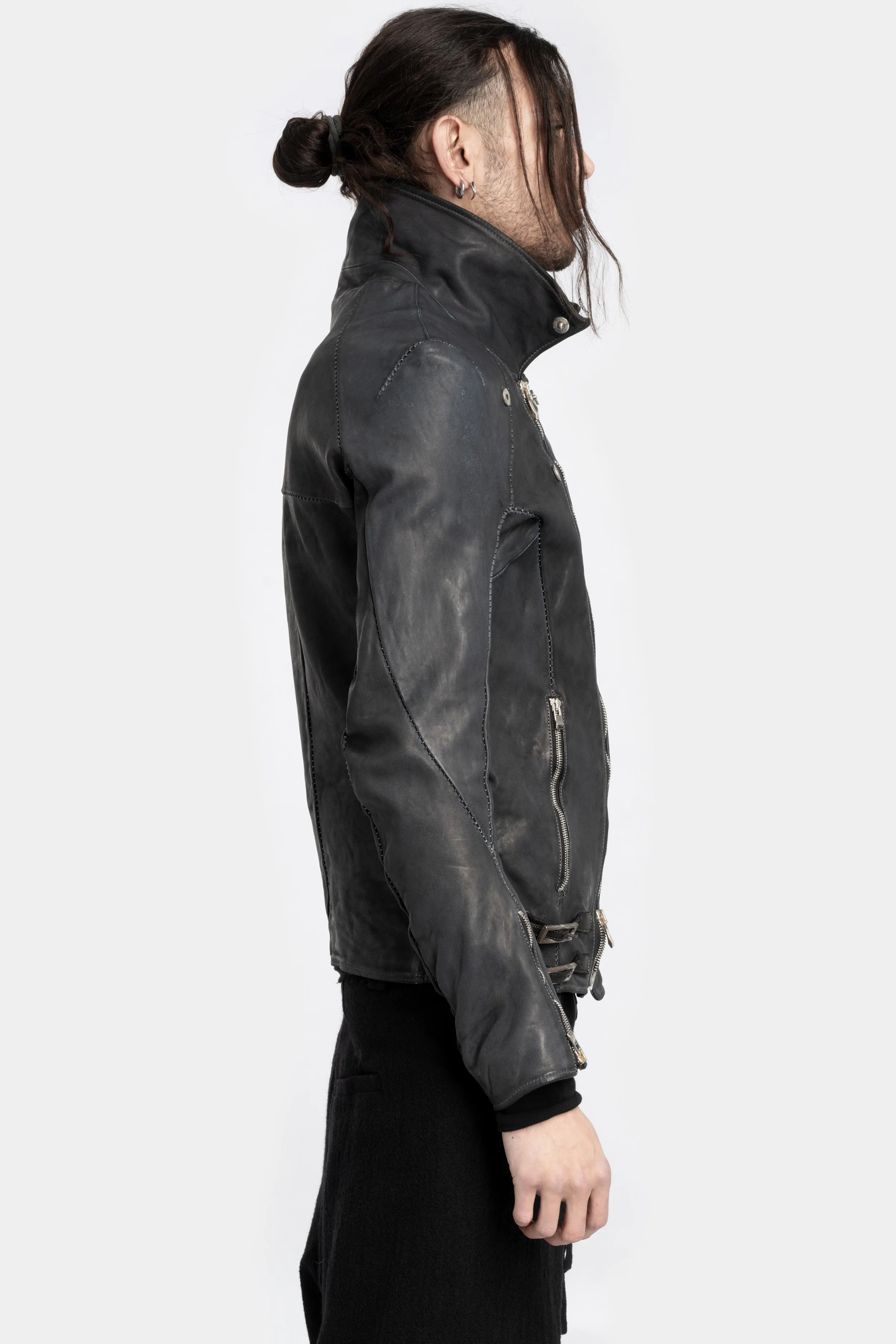 Scar stitch horse leather biker jacket, Overdyed Black