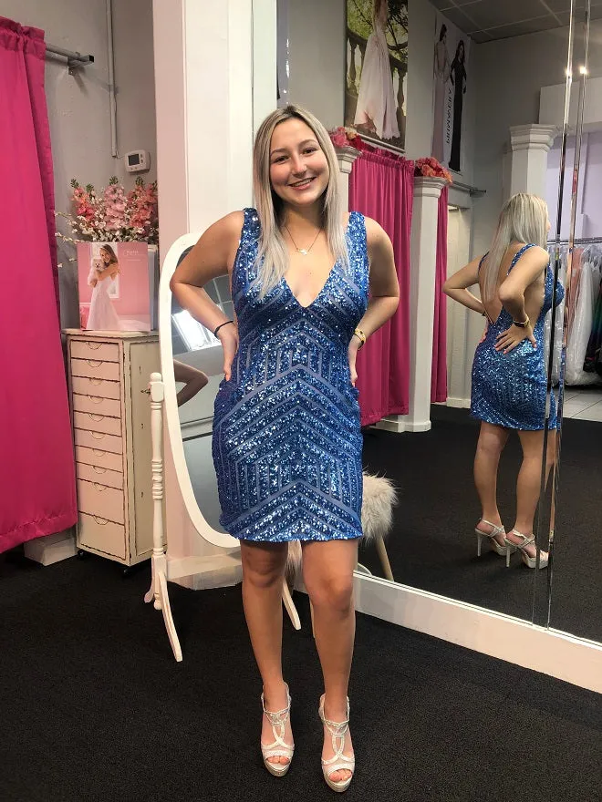 Sequin Fitted Short V-Neck Dress by Jovani 63899