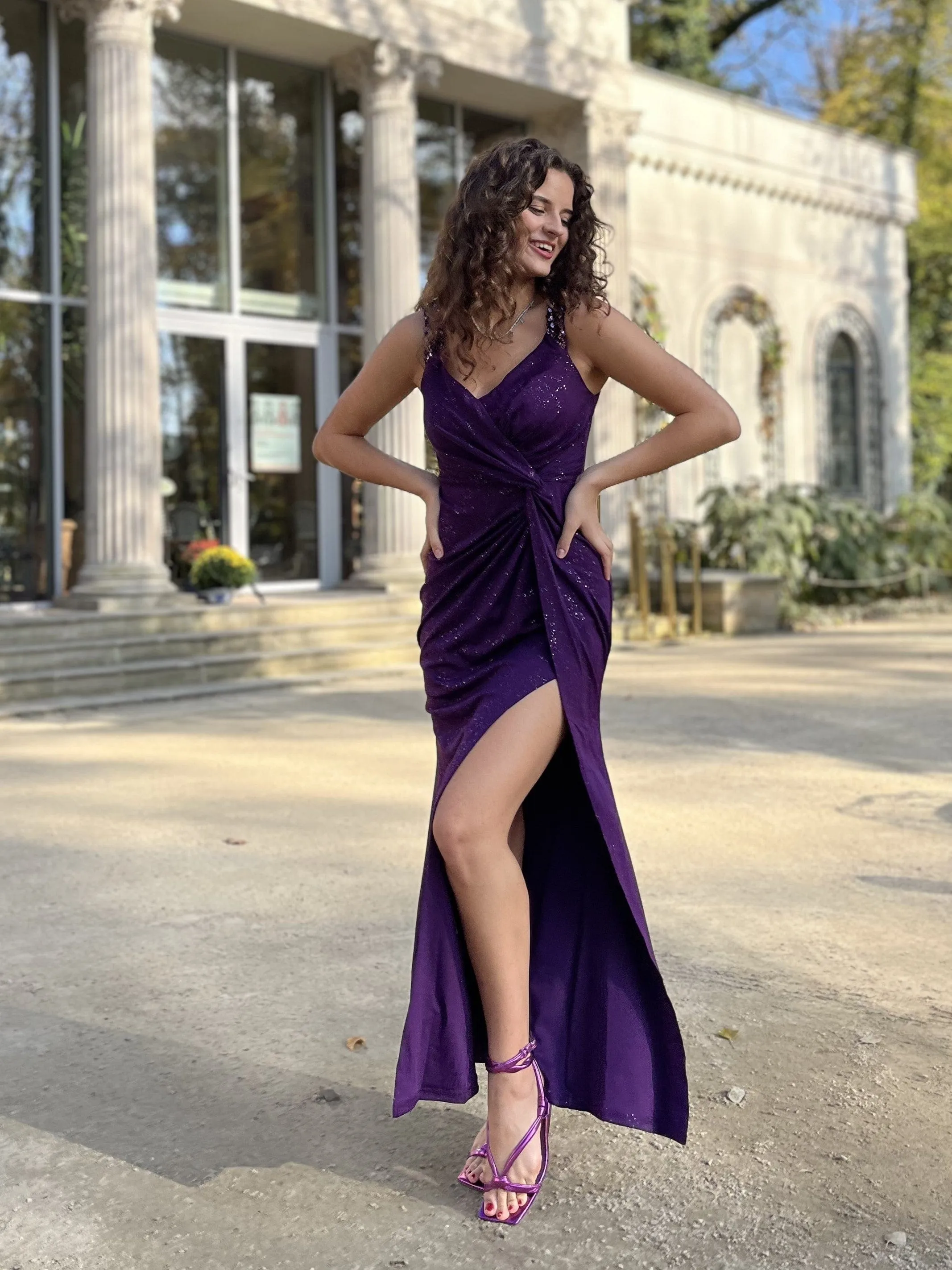 Sequin Shoulder Strap Twist High Slit Prom Dress