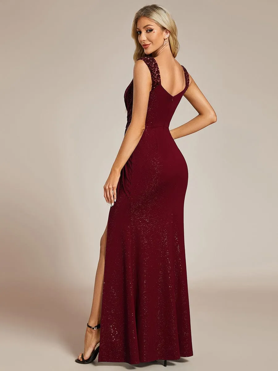 Sequin Shoulder Strap Twist High Slit Prom Dress