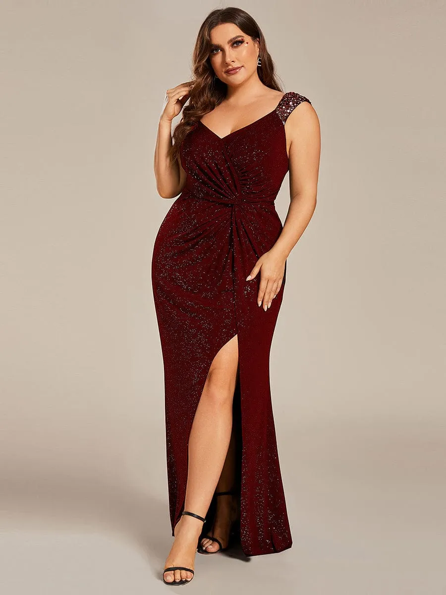 Sequin Shoulder Strap Twist High Slit Prom Dress