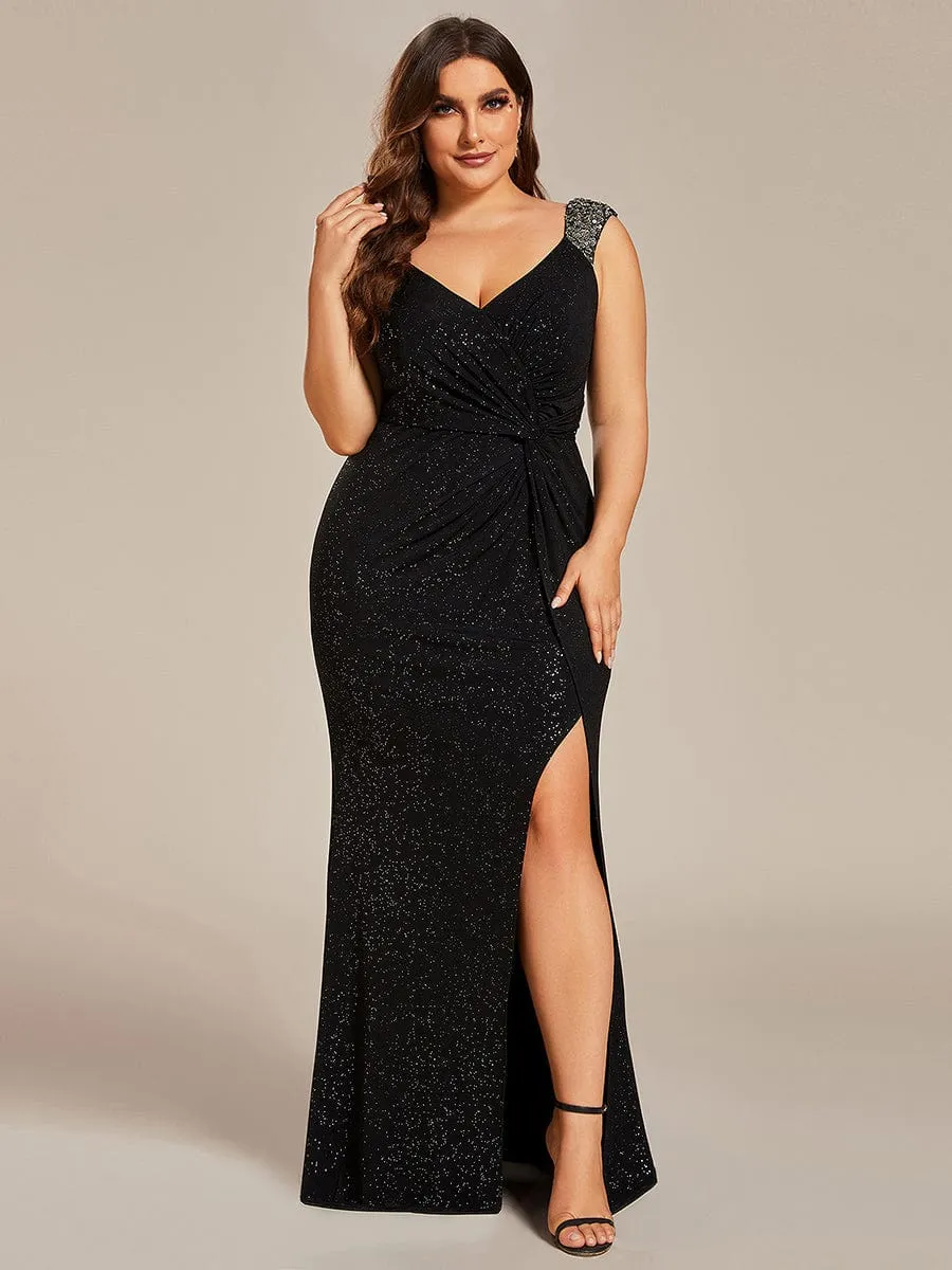 Sequin Shoulder Strap Twist High Slit Prom Dress