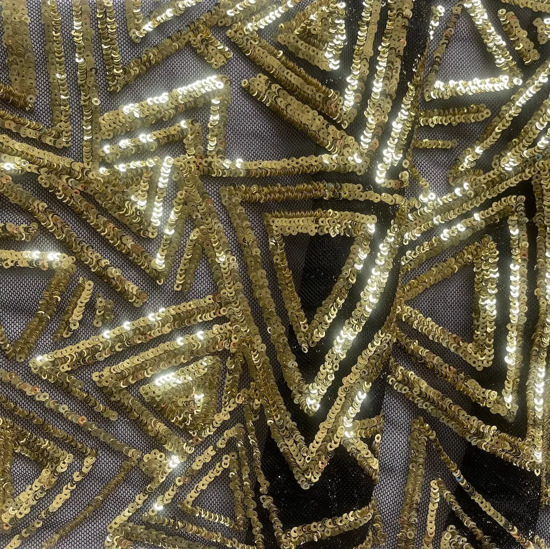 Sequined Tumbling Golden Triangles on Black Tulle (Made in Korea)