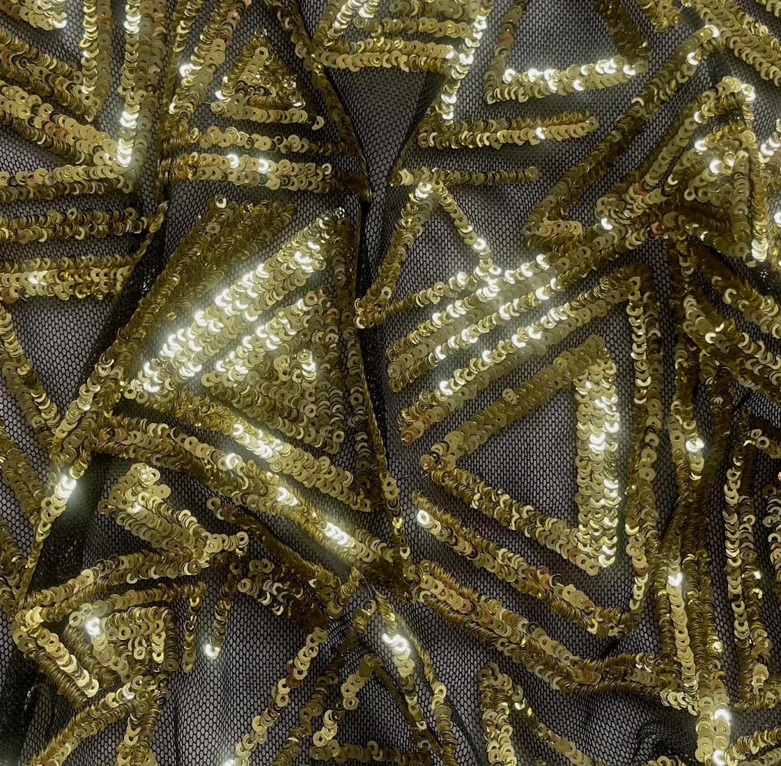 Sequined Tumbling Golden Triangles on Black Tulle (Made in Korea)