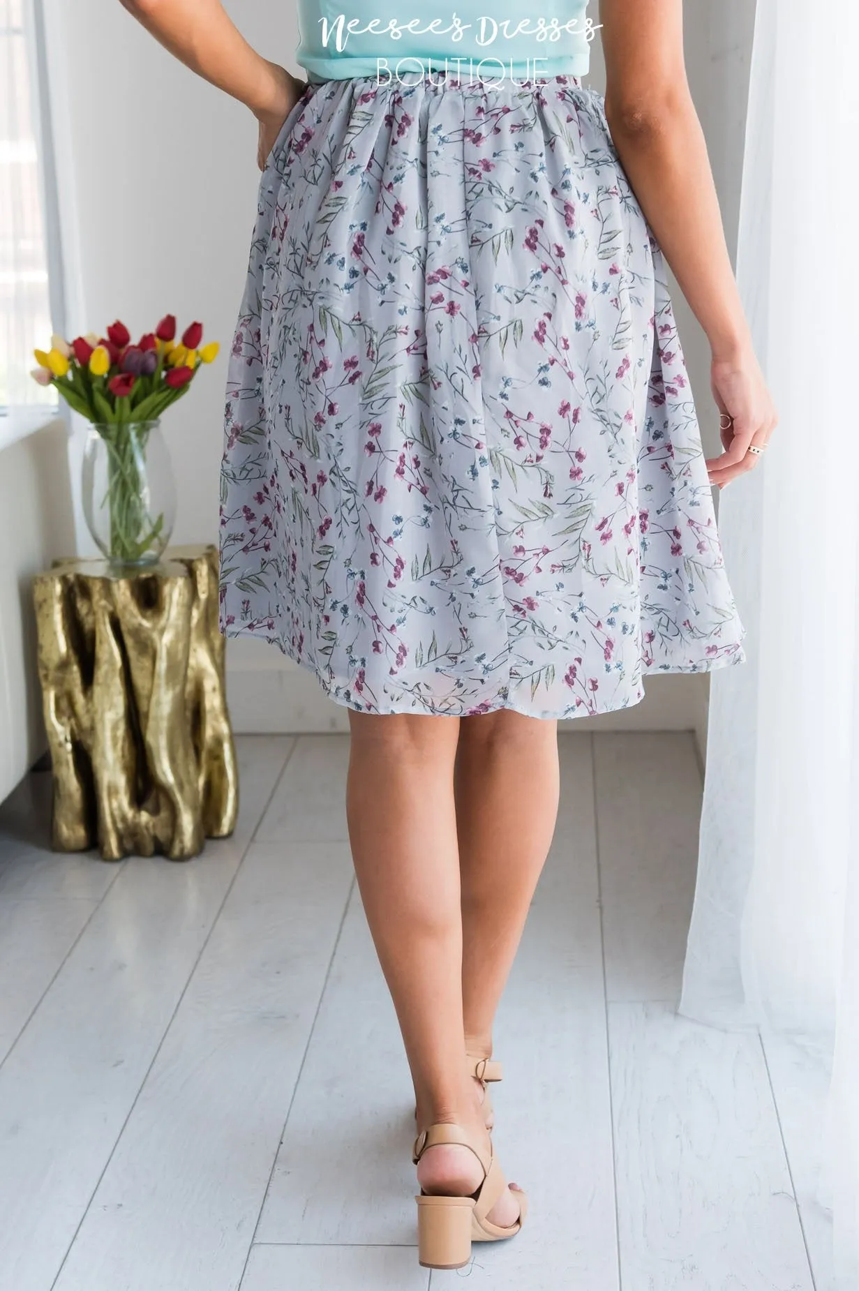 Shimmery Gray & Dusty Plum Floral Pocket Skirt