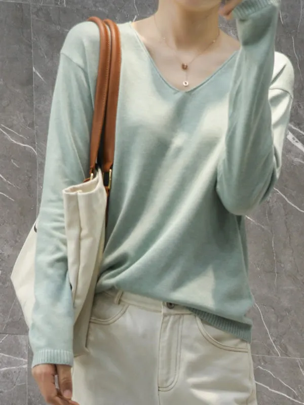 Simple Solid Color V-Neck Long Sleeve Knitwear Tops