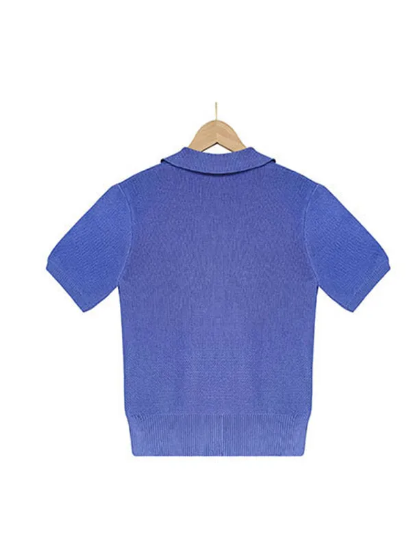 Solid Color Short Sleeves V-Neck Pullovers Knitwear