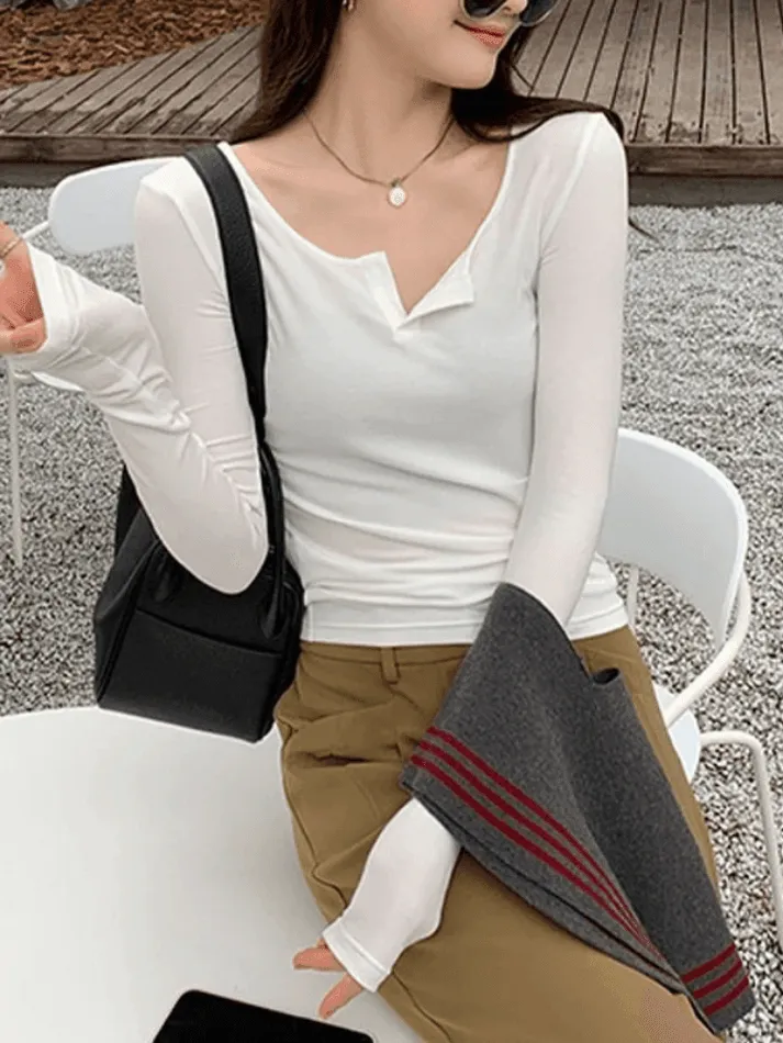 Solid Color Simple Long Sleeve Knit Top