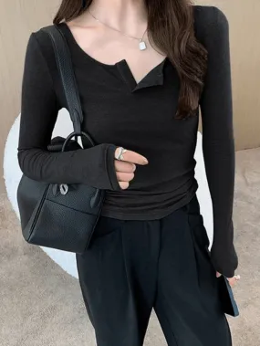 Solid Color Simple Long Sleeve Knit Top