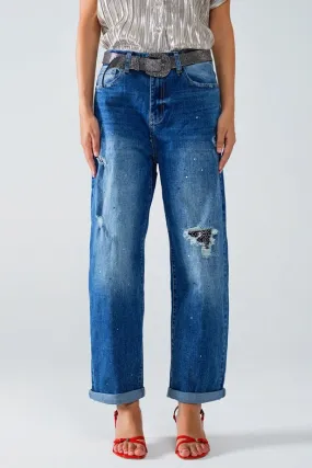 Straight Distressed Jeans with Paint Stains Details