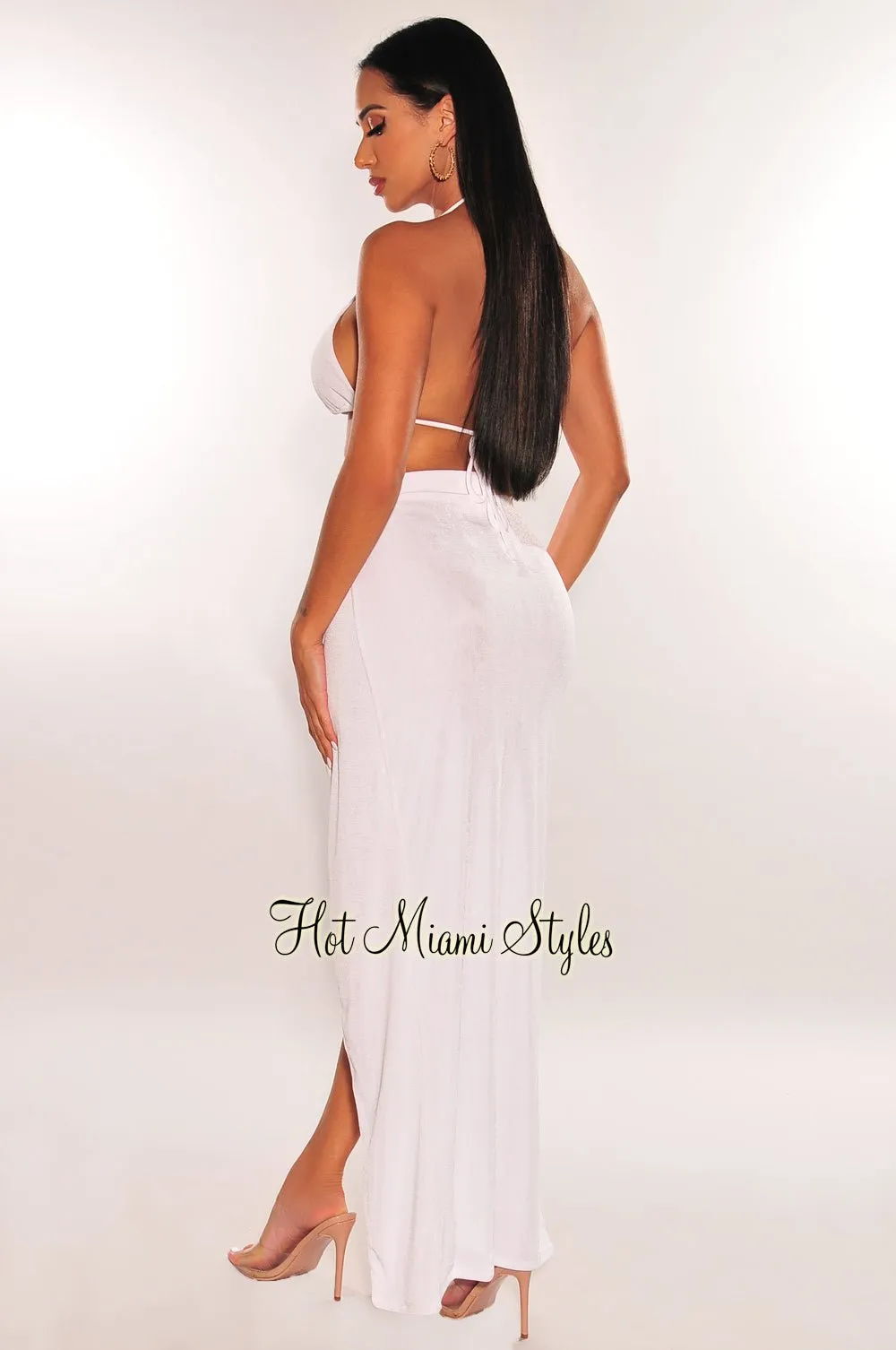 White Gold Ring Triangle Top Slit Skirt Two Piece Set