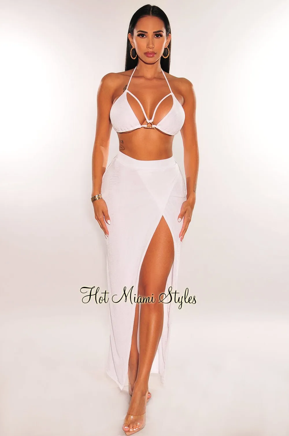 White Gold Ring Triangle Top Slit Skirt Two Piece Set