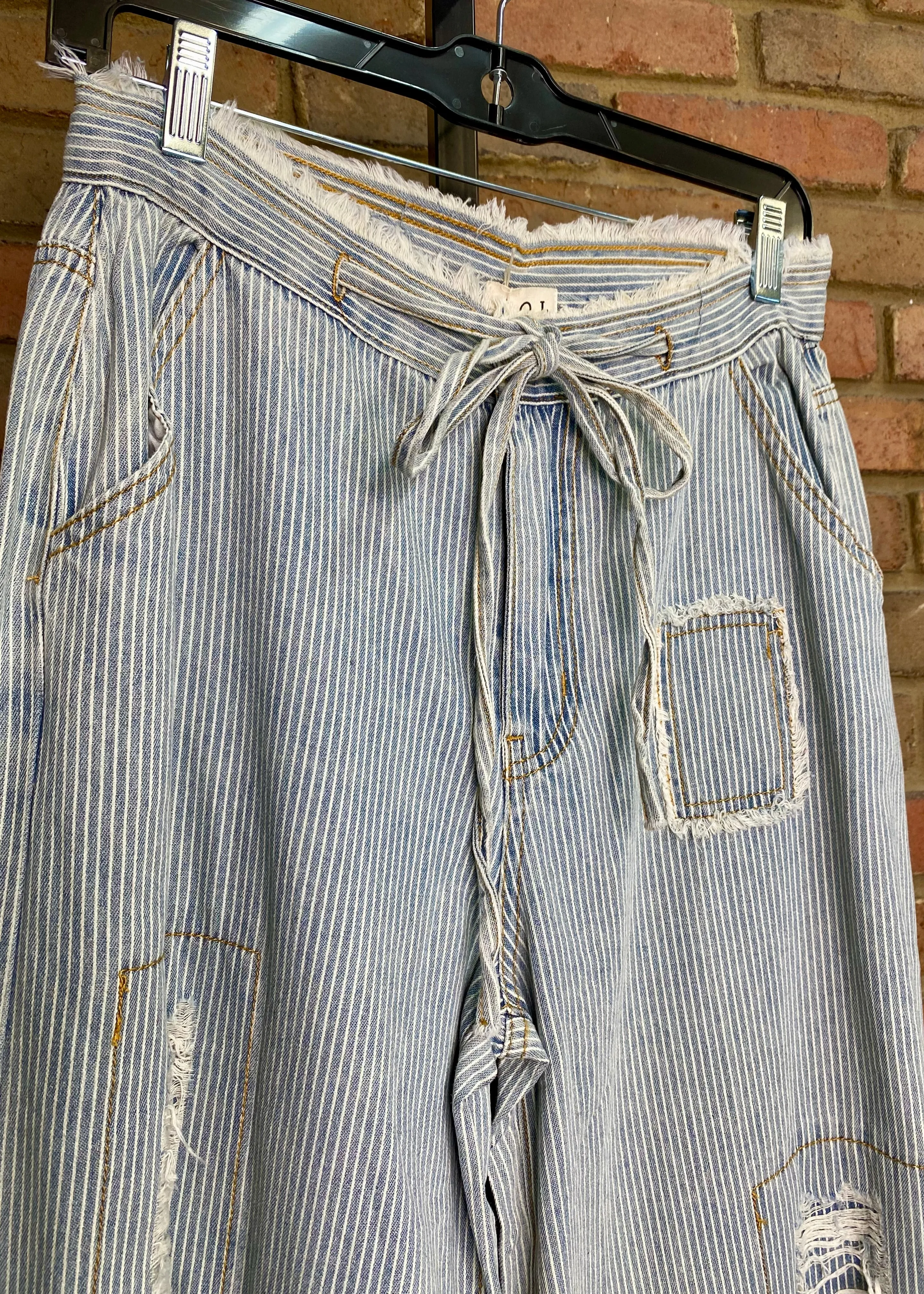 Wide Leg Pinstripe Distressed Drawstring Pant  #126