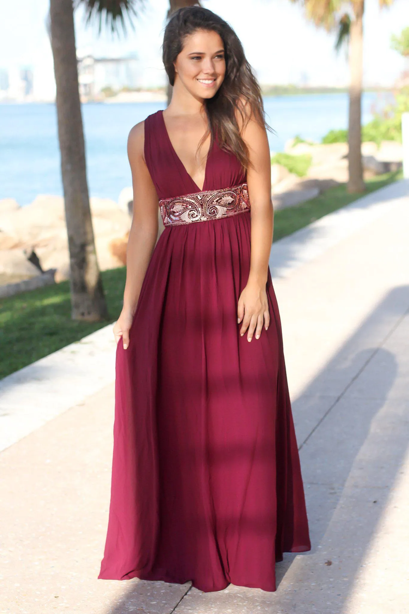 Wine V-Neck Maxi Dress with Sequin Waist