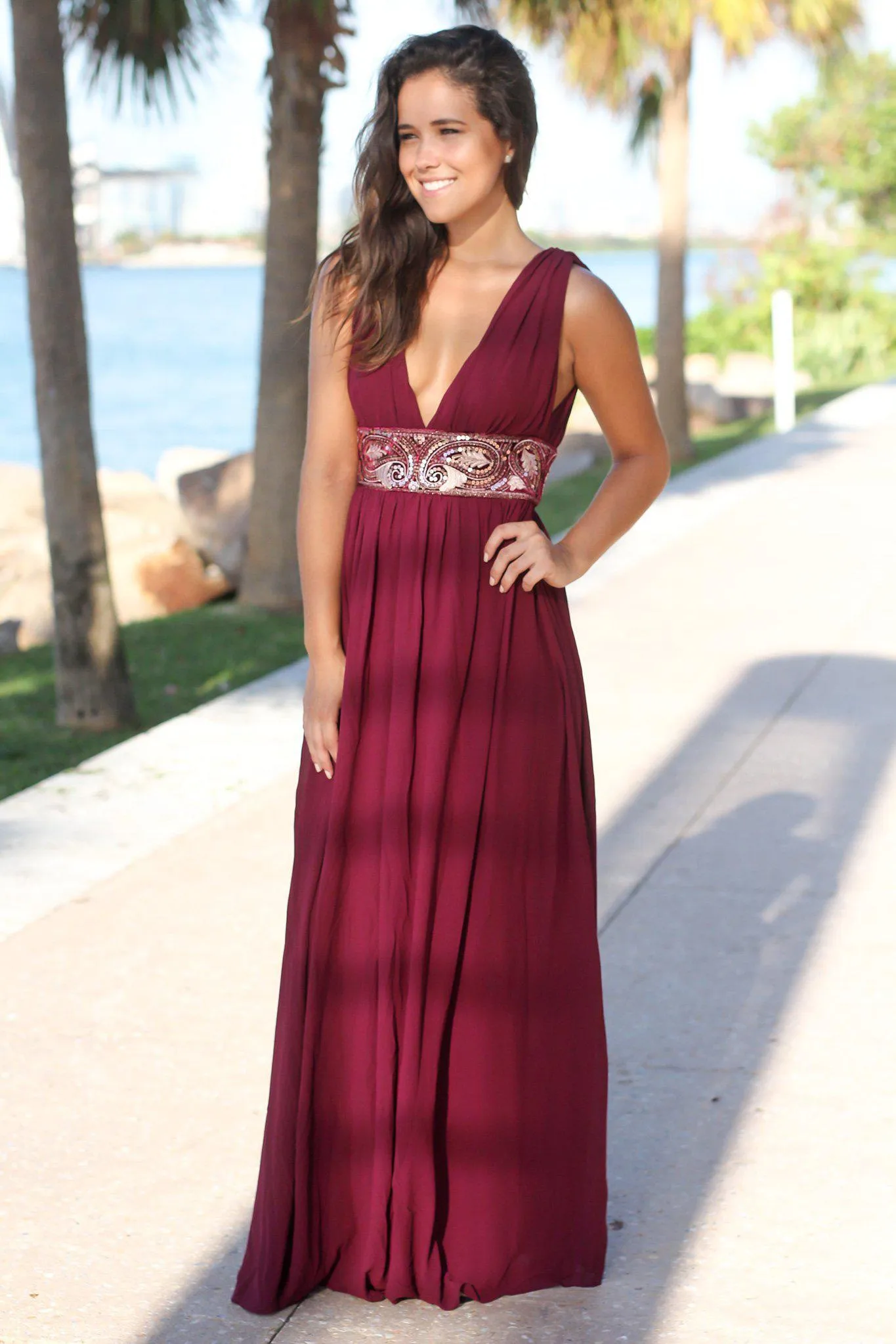 Wine V-Neck Maxi Dress with Sequin Waist