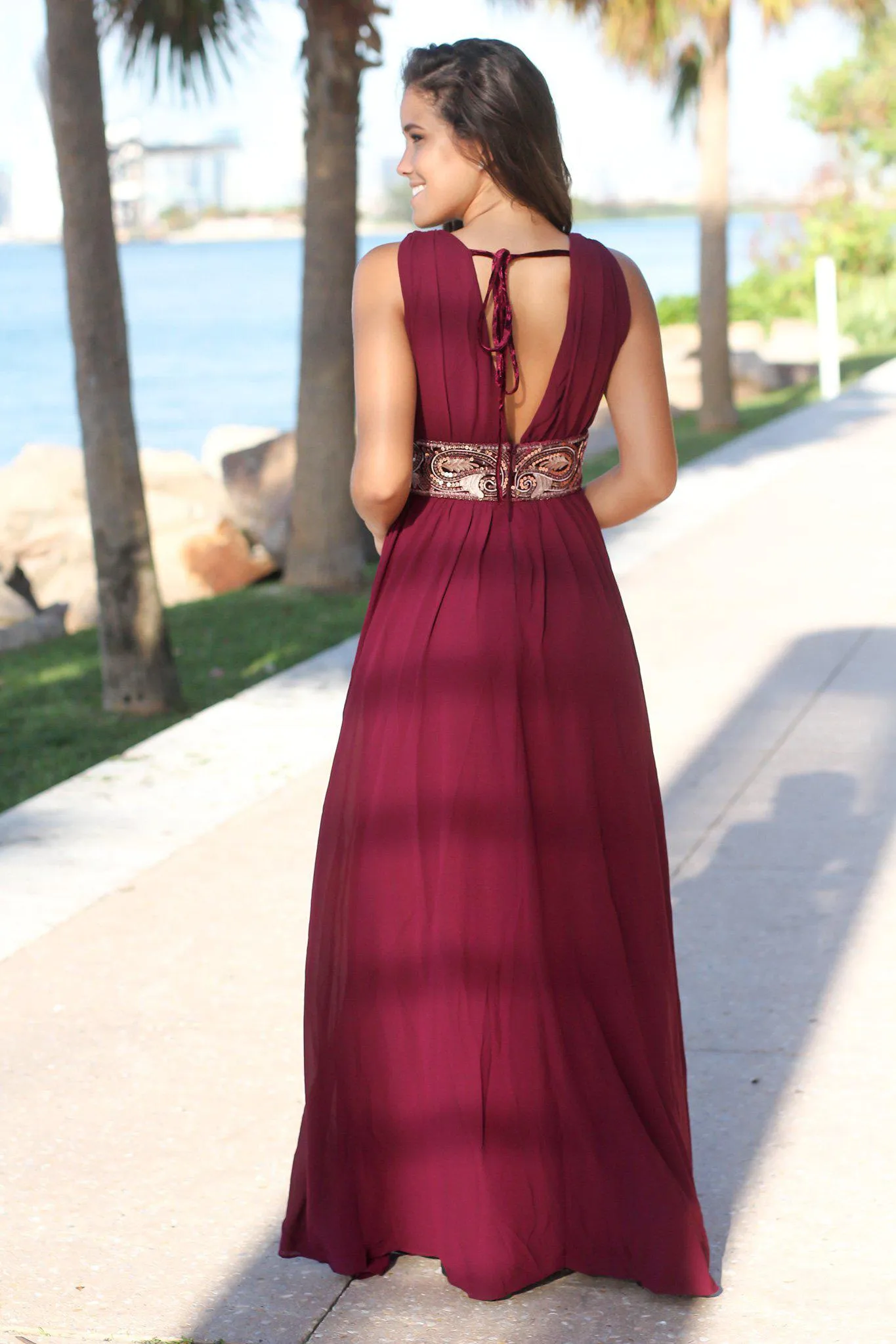 Wine V-Neck Maxi Dress with Sequin Waist