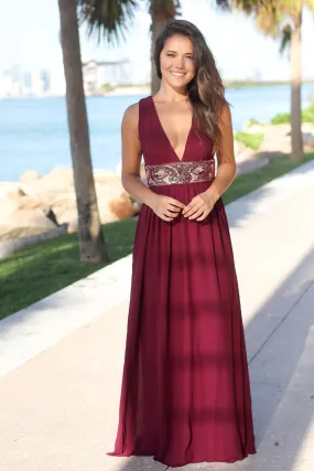 Wine V-Neck Maxi Dress with Sequin Waist