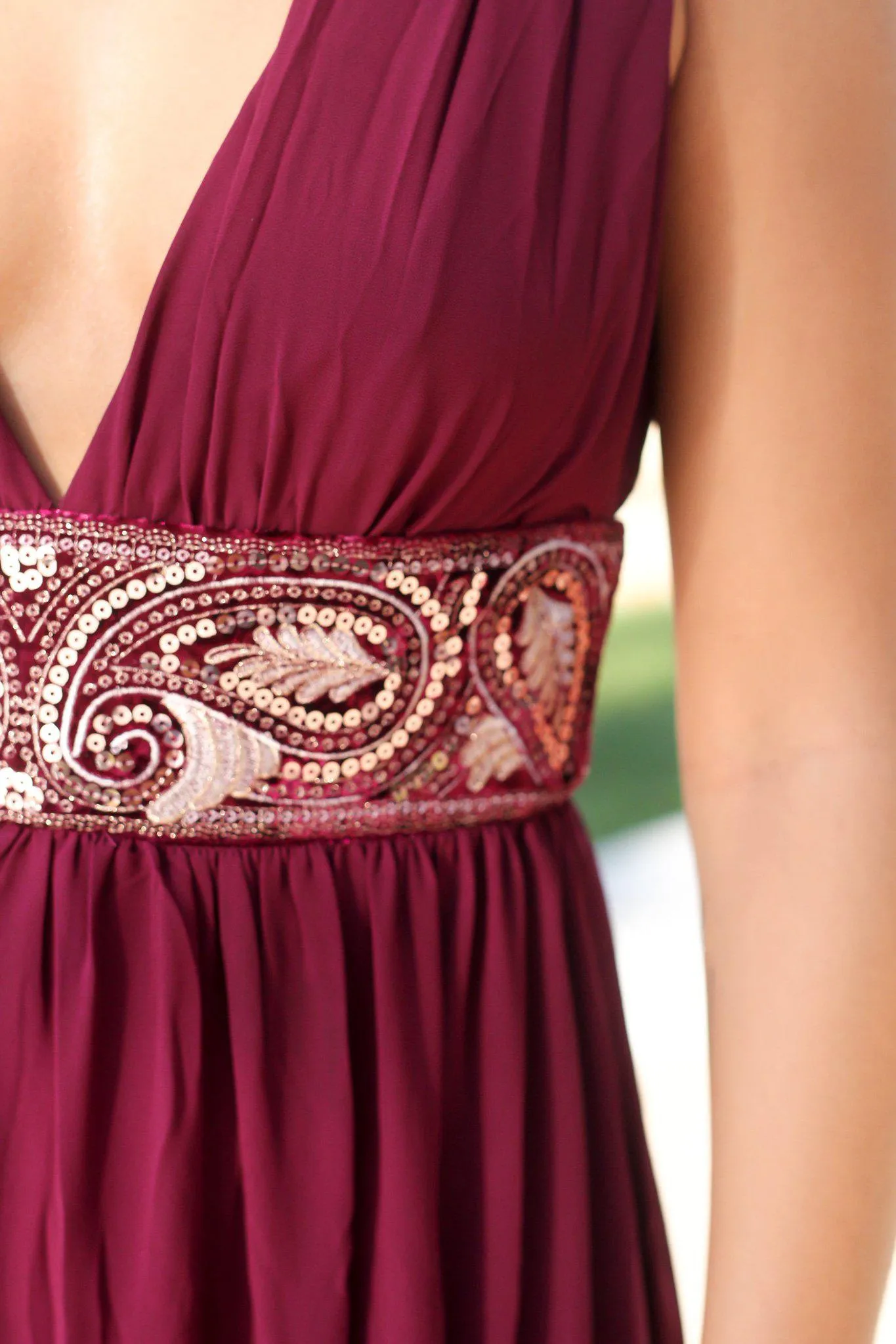 Wine V-Neck Maxi Dress with Sequin Waist