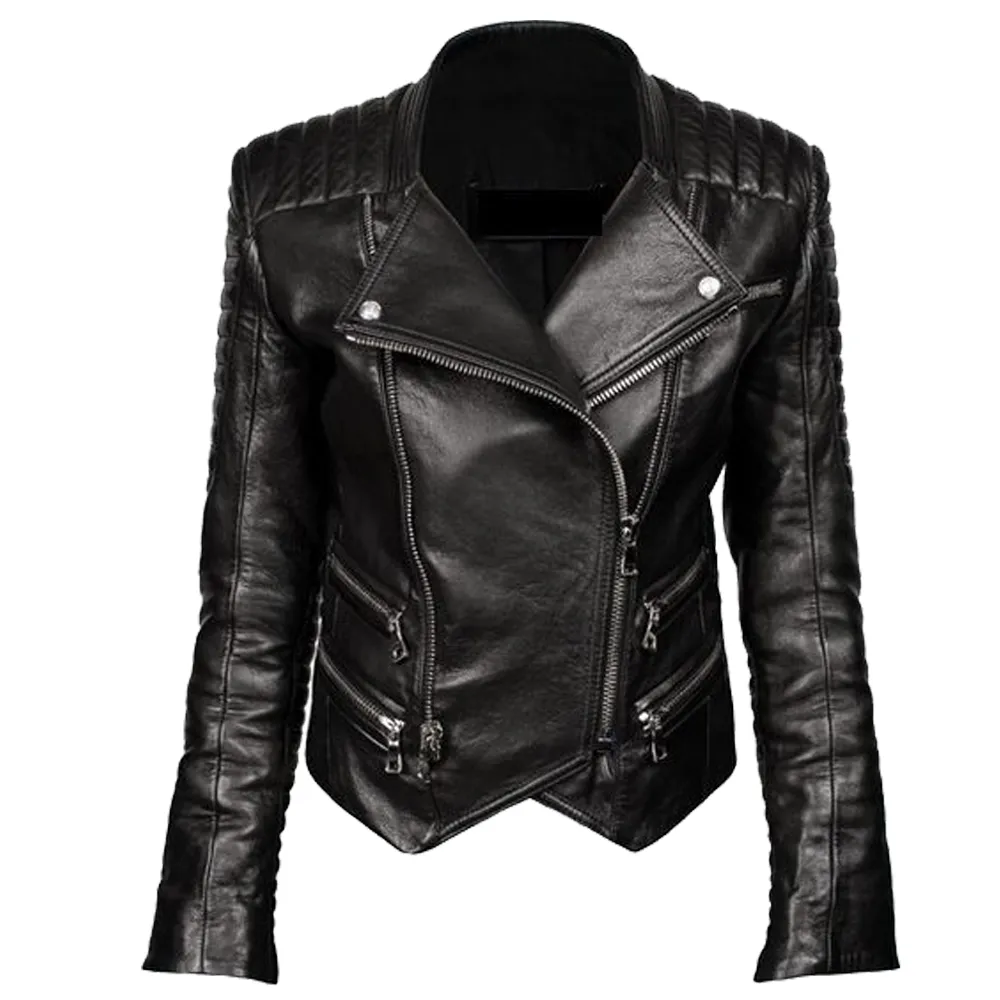 Women Genuine Leather Biker Double Zipper Jacket