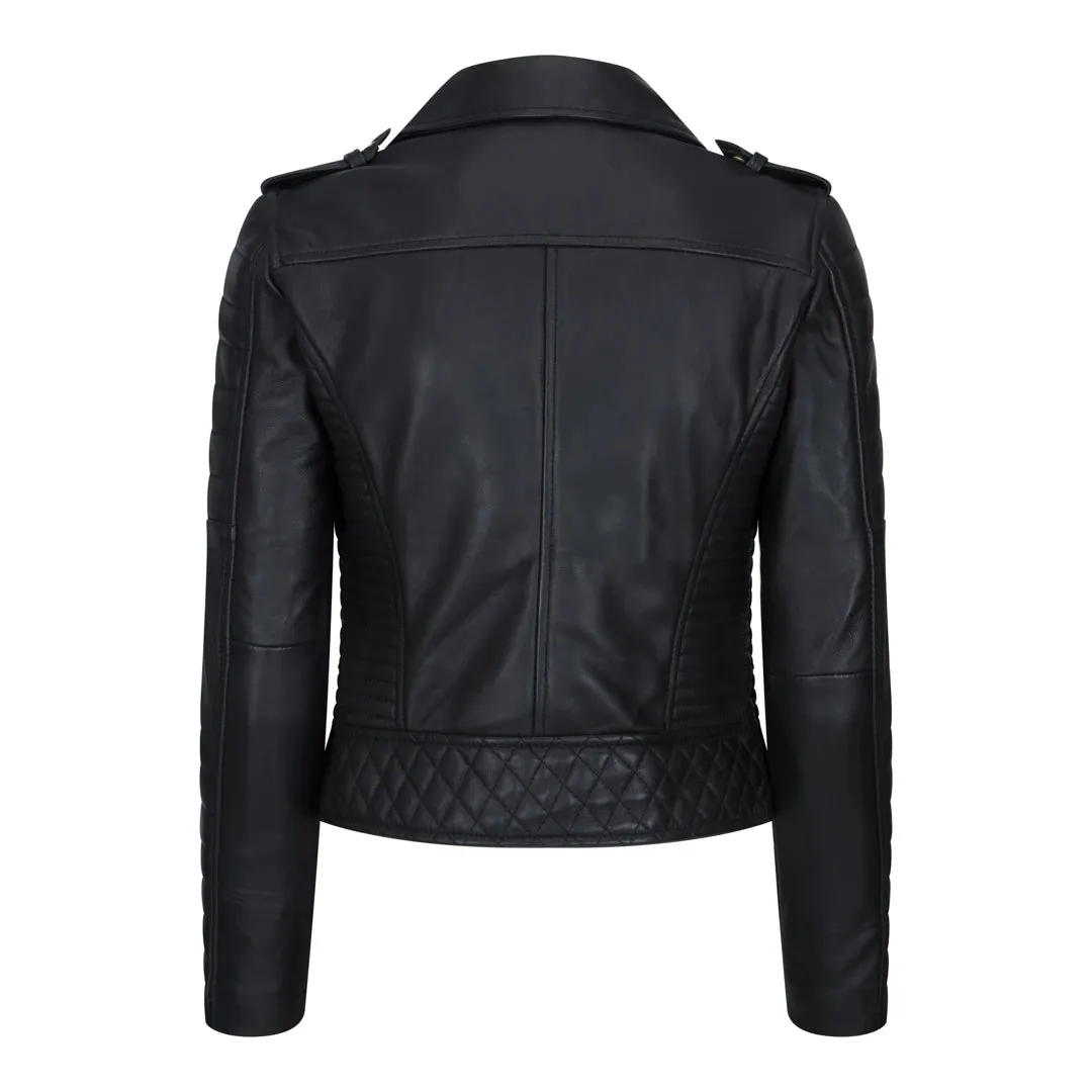 Women's Cross Zip Biker Leather Jacket Brando Matt Black Motorbike