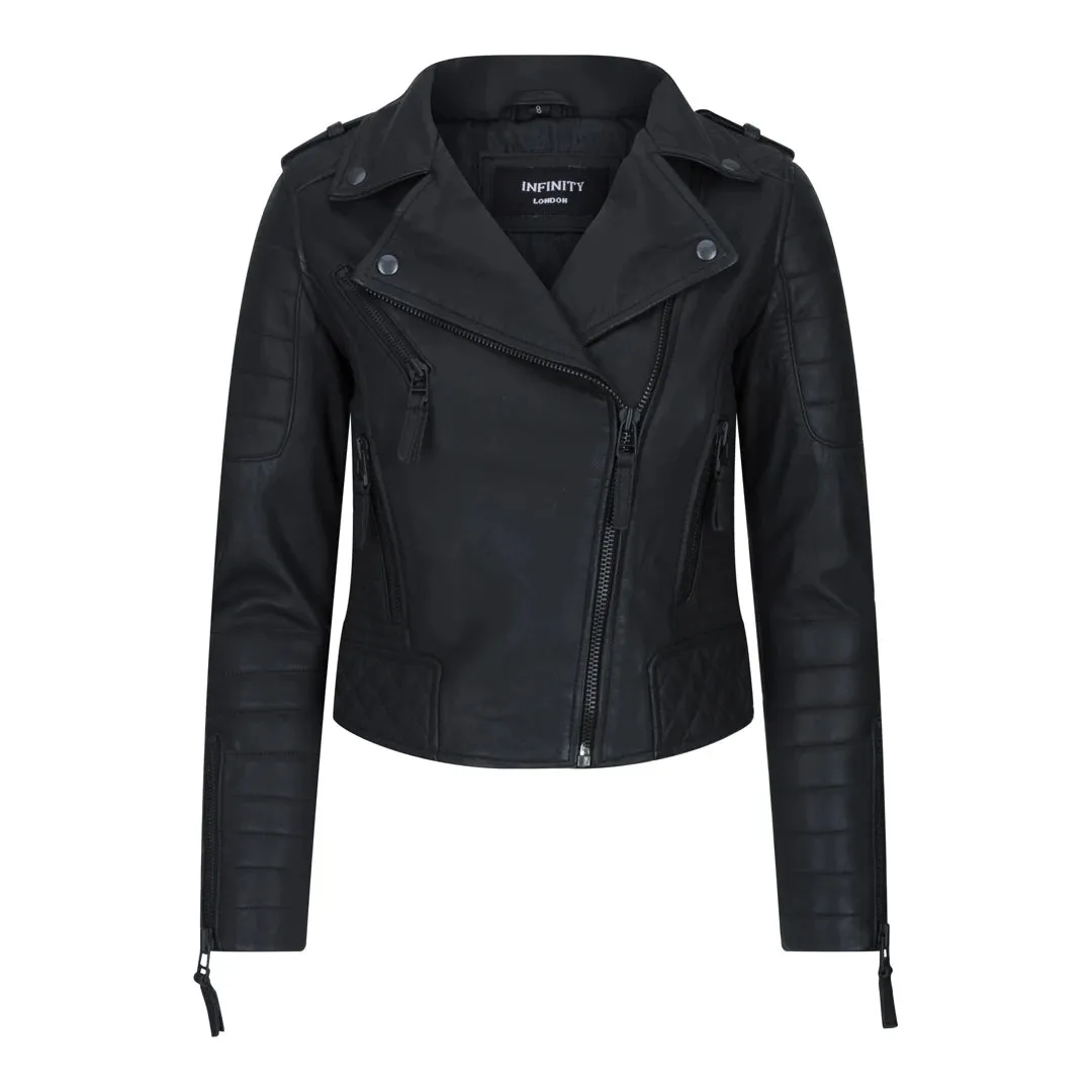 Women's Cross Zip Biker Leather Jacket Brando Matt Black Motorbike