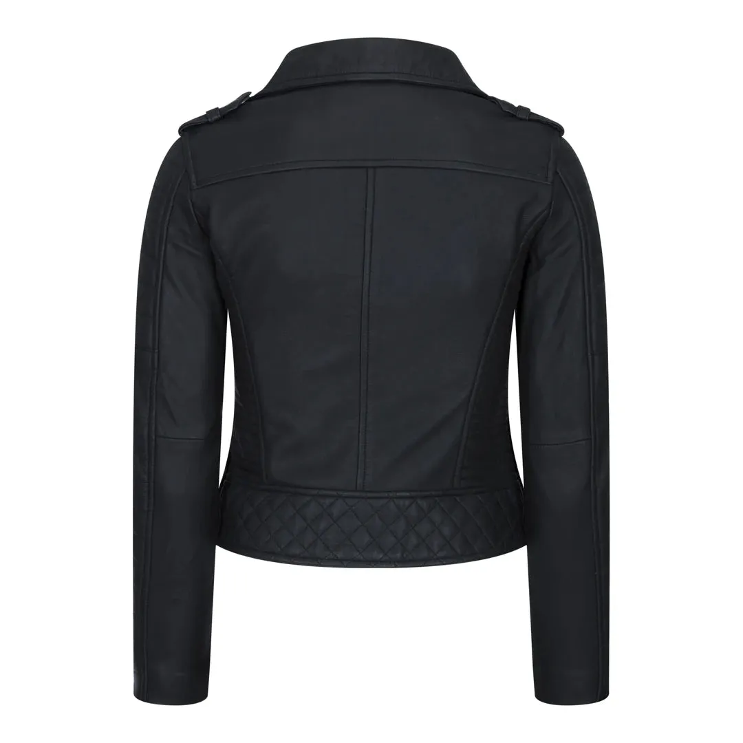 Women's Cross Zip Biker Leather Jacket Brando Matt Black Motorbike