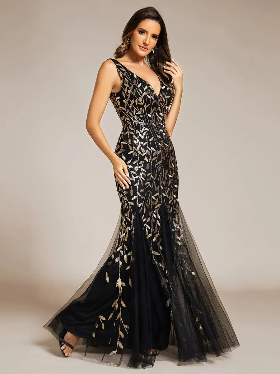 Women's Double V-Neck Fishtail Sequin Evening Dress