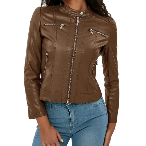 Women's Fashion Trend Simple Autumn Winter Analog Collar Zipper Leather Motorcycle Jacket