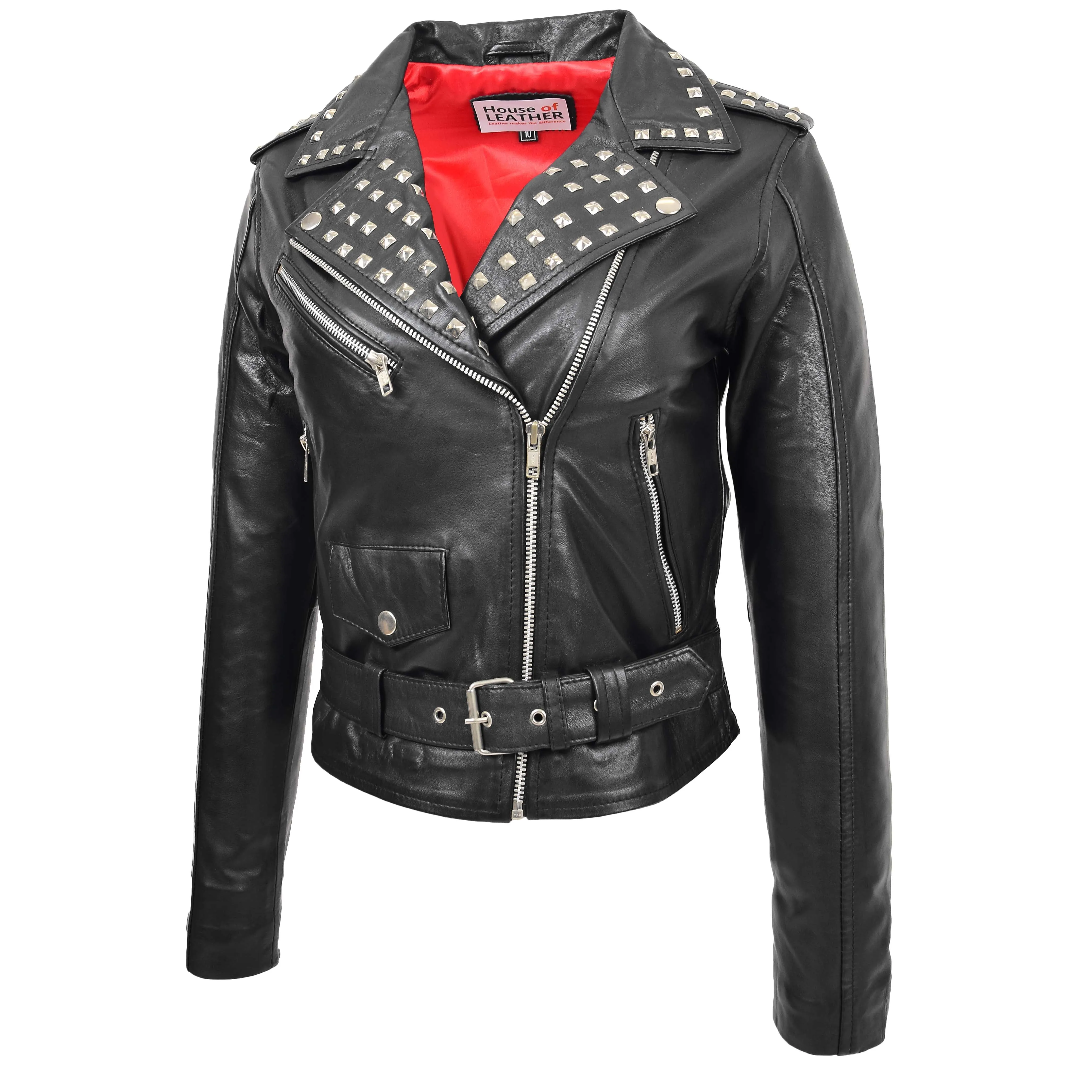 Womens Leather Studded Brando Style Jacket Salma Black