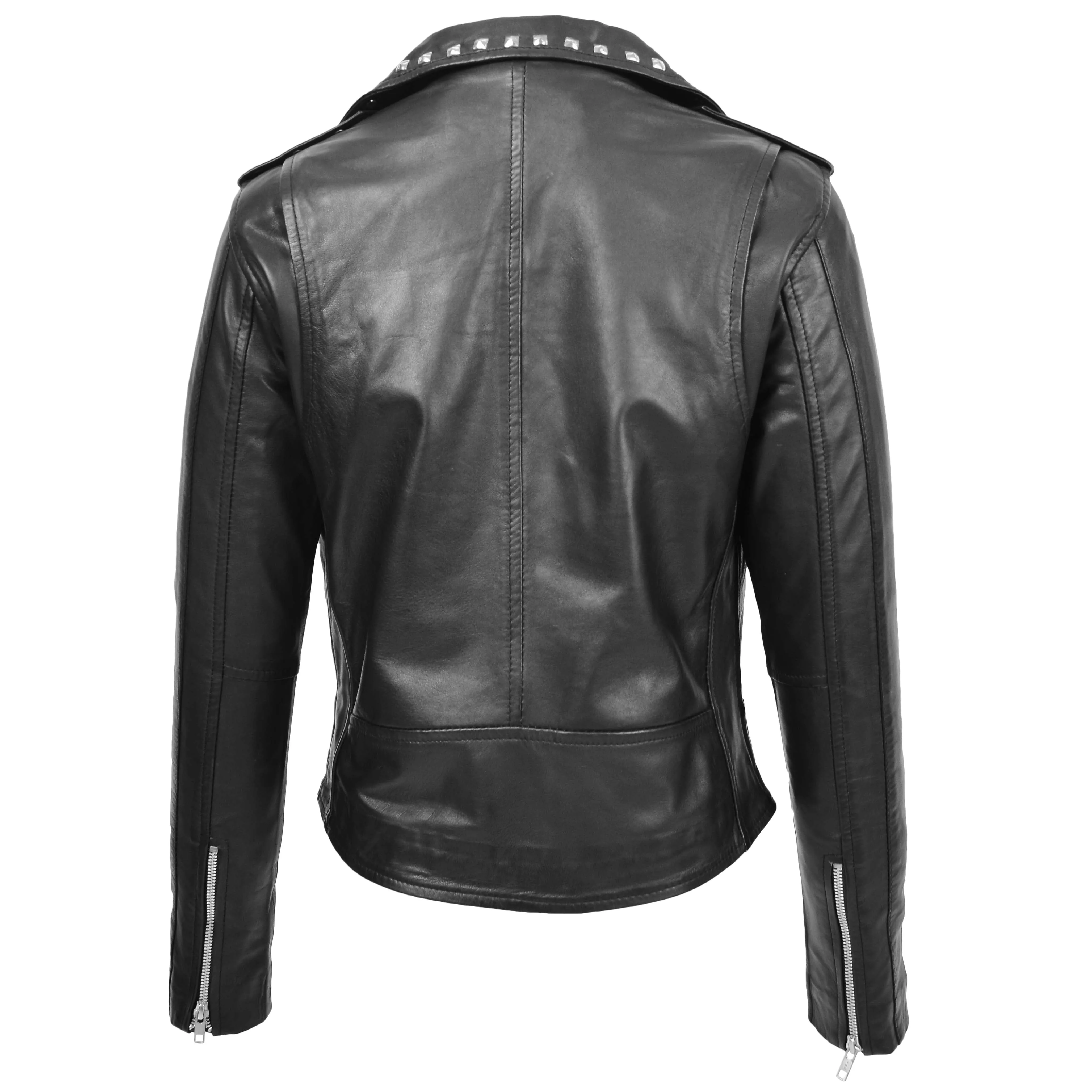 Womens Leather Studded Brando Style Jacket Salma Black